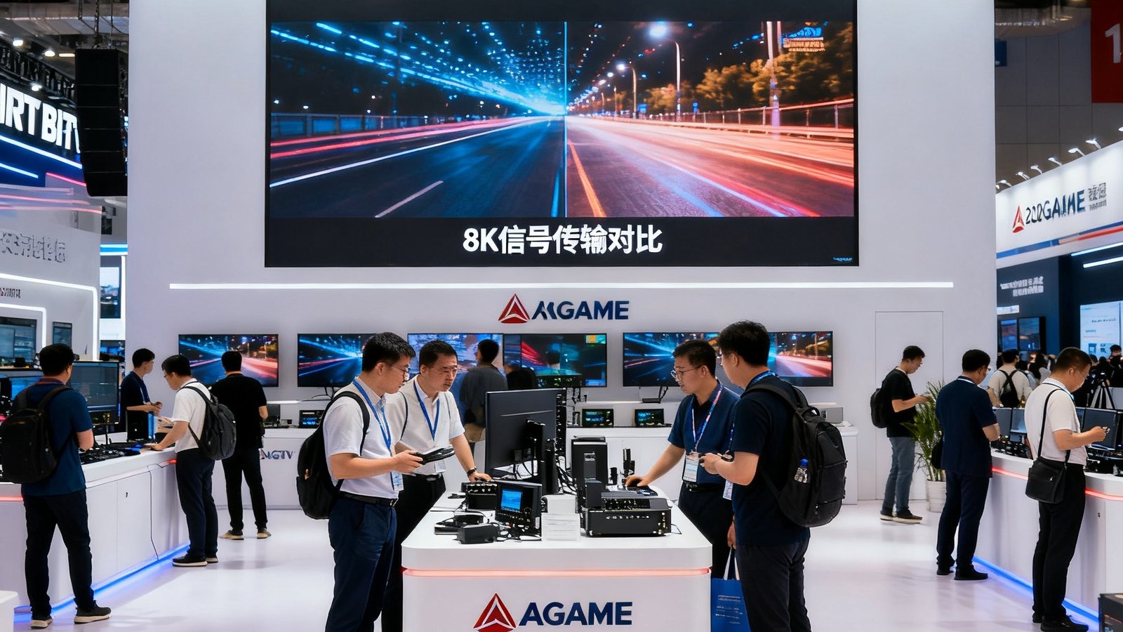 2025年BIRTV北京国际广播电影电视展览会上AGGAME展位全景，大型LED屏幕实时展示8K信号传输对比，参观者围绕产品展示台咨询交流。