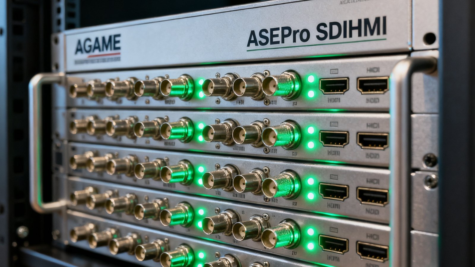 AGGAME ASE-Pro系列SDI/HDMI信号延长器安装于标准19英寸机架中，多路BNC与HDMI接口整齐排列，LED通道状态指示灯发出绿色微光，展现专业广电设备质感。