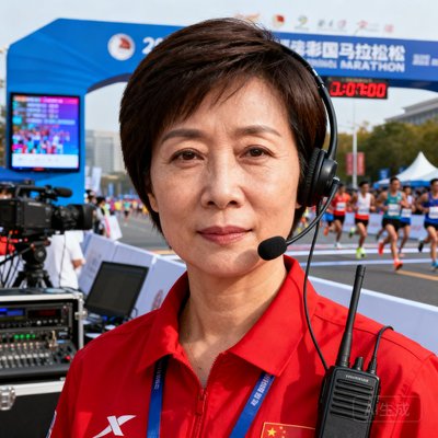 华奥赛事转播公司技术经理陈经理头像，短发干练女性，约40岁，身着红色赛事工作服，头戴对讲耳机，背景为马拉松赛事终点线转播区。