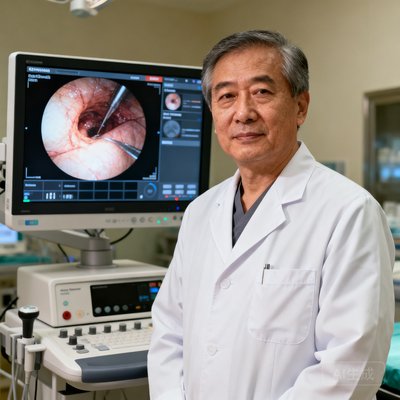 北京协和医学中心视讯系统负责人刘主任头像，50岁左右男性，穿白大褂，站在手术室视讯集成控制台前，身后屏幕上显示手术画面传输界面。